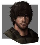  1boy areyoucracked bangs beard black_hair brown_eyes carlos_oliveira face facial_hair green_vest looking_to_the_side male_focus parted_lips resident_evil resident_evil_3 short_hair simple_background smile solo upper_body vest 