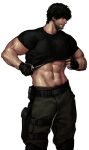  1boy abs areyoucracked arm_hair bangs bara beard belt black_gloves black_hair black_shirt carlos_oliveira closed_mouth clothes_lift facial_hair fingerless_gloves gloves green_pants large_pectorals lifted_by_self looking_away male_focus muscular muscular_male navel pants pectorals resident_evil resident_evil_3 shirt shirt_lift short_hair solo white_background 