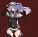  1girl ai-wa armor bangs black_armor black_panties breasts camilla_(fire_emblem) cleavage closed_eyes closed_mouth english_commentary fire_emblem fire_emblem_fates hair_over_one_eye hair_ribbon highres holding holding_hair large_breasts long_hair panties ponytail purple_hair red_background ribbon sidelocks simple_background solo tiara underwear 