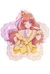  1girl aizen_(syoshiyuki) amanogawa_kirara brown_hair commentary_request crown crown_hair_ornament dress earrings eyelashes gloves go!_princess_precure hair_ornament happy highres jewelry long_hair looking_at_viewer necklace one_eye_closed orange_dress orange_gloves precure purple_eyes smile solo star_(symbol) star_necklace twintails 