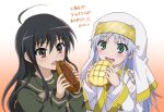  2girls ahoge black_hair bread brown_eyes company_connection food gradient gradient_background green_eyes green_serafuku habit highres index j.c._staff jewelry long_hair melon_bread multiple_girls nun orange_background pendant robe safety_pin school_uniform serafuku shakugan_no_shana shana silver_hair tachitsu_teto toaru_majutsu_no_index translation_request upper_body 