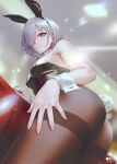  1girl animal_ears ass bob_cut bunny_ears ceiling detached_sleeves foreshortening from_below grey_eyes grey_hair hair_over_one_eye hand_on_hip highres infinote light_particles light_rays looking_at_viewer original pantyhose perspective playboy_bunny sashou_mihiro signature solo 