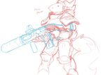  anthro armor assault_rifle body_armor clothed clothing curved_horn dialogue eyes_closed fluffy fluffy_tail gauntlets gloves greaves gun handwear holding_object holding_rifle holding_weapon horn machine male pauldron protogen ranged_weapon redponei rifle science_fiction simple_background sketch soleil_(itstedda) solo standing text weapon white_background 