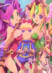  3girls angela_(seiken_densetsu_3) annoyed armor bangs blonde_hair blush breast_envy breasts brown_gloves charlotte_(seiken_densetsu_3) chibi collarbone eyebrows_visible_through_hair fingerless_gloves girl_sandwich gloves green_leotard highres holding holding_lance holding_polearm holding_staff holding_weapon lance leotard looking_up medium_breasts multiple_girls open_mouth parted_bangs pauldrons polearm purple_gloves purple_hair purple_headwear red_leotard riesz rudorufu sandwiched seiken_densetsu seiken_densetsu_3 shoulder_armor staff v weapon 