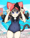  black_bow blue_eyes blush bow braid cat_(nyanko_daisensou) cat_tail fingers_together highres hip_focus hood minya_(nyanko_daisensou) mymtneko navel nyanko_daisensou school_swimsuit smile swimsuit tail 