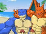  2020 abs anthro anthrofied beach blastoise body_hair charizard chest_hair duo erection genitals gesture hi_res humanoid_genitalia humanoid_penis jewelry looking_at_viewer male male/male muscular muscular_anthro muscular_male nanbuskhan necklace nintendo nipple_piercing nipples outside pecs penis piercing pok&eacute;mon pok&eacute;mon_(species) seaside selfie smile v_sign video_games wings 