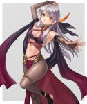  1girl absurdres alternate_costume anklet arm_up bandeau bangs border bracelet commentary_request commission cosplay criss-cross_halter dancer dorothea_arnault dorothea_arnault_(cosplay) elbow_gloves eyebrows_visible_through_hair feathers fingerless_gloves fire_emblem fire_emblem:_radiant_dawn fire_emblem_heroes gloves grey_background grey_gloves grey_legwear hair_feathers halterneck hazuki_(nyorosuke) highres jewelry long_hair looking_at_viewer micaiah_(fire_emblem) midriff navel outside_border pantyhose parted_lips shawl silver_hair simple_background skeb_commission solo standing stomach thighlet thighs white_border yellow_eyes 
