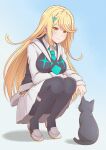  1girl alternate_costume bangs blonde_hair breasts cat earrings hair_ornament hairpin jewelry large_breasts long_hair mythra_(xenoblade) pantyhose swept_bangs very_long_hair xenoblade_chronicles_(series) xenoblade_chronicles_2 yellow_eyes yoruusagi 