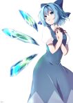  1girl absurdres blue_bow blue_dress blue_eyes blue_hair bow breasts cirno collared_shirt dress eyebrows_behind_hair feet_out_of_frame from_below hair_between_eyes hair_bow hair_intakes hands_on_own_chest highres ice ice_wings leaning_forward looking_afar looking_to_the_side maccha_(matcha69) parted_lips pinafore_dress puffy_short_sleeves puffy_sleeves red_neckwear red_ribbon ribbon shirt short_hair short_sleeves simple_background small_breasts smile solo standing touhou white_background white_shirt wings 