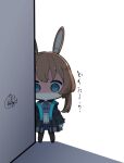  1girl amiya_(arknights) animal_ear_fluff animal_ears arknights bangs beni_shake black_footwear black_jacket blue_eyes blue_skirt brown_hair brown_legwear bunny_ears center_frills chibi empty_eyes eyebrows_visible_through_hair frills full_body hood hood_down hooded_jacket jacket long_hair looking_at_viewer open_clothes open_jacket pantyhose pleated_skirt shaded_face shadow shirt shoes signature skirt solo standing translated v-shaped_eyebrows white_background white_shirt 