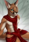  2021 abs anthro black_nose brown_body brown_fur caracal caracal_(genus) clothed clothing digital_media_(artwork) ezcett felid feline fur green_eyes hi_res looking_at_viewer male mammal sitting smile solo 