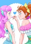  2girls bare_shoulders blue_eyes blush_stickers closed_mouth cosmetics green_eyes heart highres holding holding_lipstick_tube itou_shin&#039;ichi laura_(precure) lipstick lipstick_tube long_hair looking_at_another makeup mermaid midriff monster_girl multiple_girls natsuumi_manatsu orange_hair pink_hair ponytail precure short_hair smile tropical-rouge!_precure 