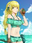  1girl bangs bare_shoulders bikini blonde_hair blue_sky breasts brown_gloves cleavage cloud coconut commentary_request cowboy_shot day eyebrows_visible_through_hair fire_emblem fire_emblem:_three_houses fire_emblem_heroes flower gloves green_bikini green_eyes green_ribbon green_shorts groin hair_flower hair_ornament hair_ribbon hand_up highres holding howaito_gyuunyuu ingrid_brandl_galatea long_hair looking_at_viewer navel off-shoulder_bikini off_shoulder outdoors parted_lips ribbon short_shorts short_sleeves shorts sky small_breasts solo standing stomach swimsuit water white_flower 