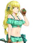 1girl bangs bare_shoulders bikini blonde_hair breasts brown_gloves cleavage coconut commentary_request cowboy_shot eyebrows_visible_through_hair fire_emblem fire_emblem:_three_houses fire_emblem_heroes flower gloves green_bikini green_eyes green_ribbon green_shorts groin hair_flower hair_ornament hair_ribbon hand_up highres holding howaito_gyuunyuu ingrid_brandl_galatea long_hair looking_at_viewer navel off-shoulder_bikini off_shoulder parted_lips ribbon short_shorts short_sleeves shorts simple_background small_breasts solo standing stomach swimsuit white_background white_flower 