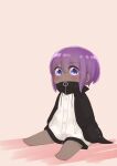  1girl :&lt; bangs barefoot blush brown_background chibi closed_mouth cosplay dark_skin dark_skinned_female eyebrows_visible_through_hair fate/prototype fate/prototype:_fragments_of_blue_and_silver fate_(series) hair_between_eyes hassan_of_serenity_(fate) high_collar highres i.u.y jacket long_sleeves looking_at_viewer meltryllis_(fate) meltryllis_(swimsuit_lancer)_(fate) meltryllis_(swimsuit_lancer)_(fate)_(cosplay) purple_eyes purple_hair sitting sleeves_past_fingers sleeves_past_wrists solo white_jacket 