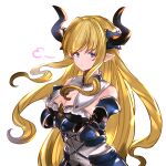  1girl blonde_hair blue_eyes breasts cleavage commentary_request granblue_fantasy habas1496 highres horns long_hair looking_at_viewer pointy_ears rastina serious simple_background solo standing white_background 