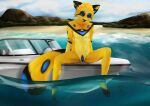  absurd_res anthro bebe_bernarde blonde_hair blue_eyes boat detailed_background domestic_cat feet felid feline felis female genitals hair hi_res island male male/female mammal nude paws pussy realistic sea seaside sitting solo trans_(lore) trans_man_(lore) vehicle water watercraft wave wet yellow_body 