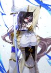  1girl arm_up black_hair breasts character_request cravat epic_seven gloves hair_over_one_eye highres holding holding_sword holding_weapon katana large_breasts long_hair looking_at_viewer parted_lips red_eyes solo sword vardan very_long_hair weapon white_gloves white_neckwear 