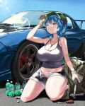  1girl backpack bag bare_arms bare_legs bare_shoulders between_breasts black_shorts blue_eyes blue_hair blue_sky bottle breasts car cleavage closed_mouth collarbone day full_body gloves green_headwear ground_vehicle hair_bobbles hair_ornament hat highres kawashiro_nitori key kneeling large_breasts lens_flare mazda_rx-7 medium_hair midriff motor_vehicle okbnkn one_eye_closed open_fly outdoors pepsi screwdriver shoes short_shorts shorts sky solo sweat tank_top touhou white_gloves wrench 