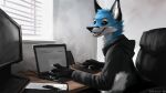  16:9 5_fingers anthro blue_body blue_fur brown_eyes canid canine chair computer ears_up fingers fox fur furniture geewolf happy laptop male mammal paws pen sitting smile solo teeth white_body white_fur white_tail widescreen window young 