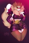  2018 anthro big_breasts bottomwear bra breasts brown_body brown_fur canid canine canis chest_tuft claws clothing colored_nails curvy_figure domestic_dog eyewear female fur green_eyes jewelry k/da league_of_legends lips looking_at_viewer mammal maplepudding_(artist) masie_(maplepudding) nails necklace riot_games skirt sleeves smile solo sunglasses thick_thighs tuft underwear video_games voluptuous wide_hips 