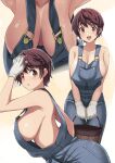  1girl armpits arms_up bangs bare_shoulders blush breasts brown_eyes brown_hair bucket cleavage collarbone gloves highres idolmaster idolmaster_cinderella_girls inue_shinsuke large_breasts leaning_forward looking_at_viewer multiple_views naked_overalls no_bra oikawa_shizuku open_mouth overalls short_hair sideboob smile sweat white_gloves wooden_bucket 