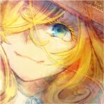  1girl artist_name blonde_hair blue_eyes brown_headwear character_name close-up closed_mouth commentary_request fangs hair_over_one_eye hat ina_(inarizusi1) jewelry long_hair looking_at_viewer lyza made_in_abyss pendant smile solo twitter_username 