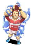  1boy bara blush bulge ei_(marutendon) facial_hair foreshortening full_body gunzo_(tokyo_houkago_summoners) male_cleavage male_focus muscular muscular_male partially_unbuttoned pectorals red_shirt rugby_ball rugby_uniform scar scar_on_cheek scar_on_face shirt short_hair shorts sideburns smile solo spirit sportswear stubble tokyo_houkago_summoners white_shorts 