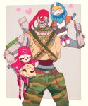  1girl 2boys ^_^ ammunition_belt apex_legends belt blue_gloves blue_sweater bodysuit camouflage camouflage_pants chibi closed_eyes gloves heart holding holding_person holding_skull humanoid_robot jacket looking_down mizu_cx multiple_boys one-eyed open_mouth orange_jacket pants pathfinder_(apex_legends) pink_belt red_bandana red_eyes revenant_(apex_legends) ribbed_sweater robot sitting_on_shoulder skull sweater tank_top thumbs_up wattson_(apex_legends) waving white_bodysuit 