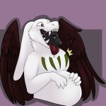 1:1 abdominal_bulge anthro ayakashi basilic_(character) belly black_body black_fur canid canine duo enchanted_goat fangs fox fur head_in_mouth herm hi_res intersex male mammal open_mouth oral_vore vore white_body white_fur wings 