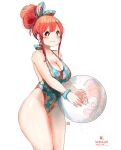  1girl ball bangs beachball blush breasts cleavage cowboy_shot earrings hair_bun highleg highleg_swimsuit jewelry kenron_toqueen large_breasts no_nose octopus_print one-piece_swimsuit original parted_lips print_swimsuit red_hair sidelocks simple_background smile solo swimsuit thick_thighs thighs tomatita white_background 
