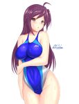  1girl ahoge blue_swimsuit breasts brown_eyes commentary_request competition_swimsuit dated hagikaze_(kancolle) highres impossible_clothes impossible_swimsuit kantai_collection large_breasts long_hair looking_at_viewer montemasa multicolored multicolored_clothes multicolored_swimsuit one-piece_swimsuit one_side_up purple_hair simple_background solo swimsuit twitter_username wet wet_clothes wet_swimsuit white_background 