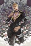  1boy absurdres black_suit blonde_hair blue_eyes character_name english_text floral_background formal highres jojo_no_kimyou_na_bouken prosciutto sanwood_mori short_hair solo standing suit vento_aureo 