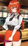  1girl blush breasts brown_eyes choker collared_shirt cowboy_shot diluc_(genshin_impact) employee_uniform fast_food_uniform genderswap genshin_impact highres holding holding_tray icons_(1452697582) kfc large_breasts looking_at_viewer low_ponytail ponytail red_hair shirt solo tray uniform 