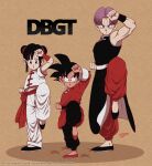  1girl 2boys :o black_eyes black_hair black_pants blue_eyes chinese_clothes dragon_ball dragon_ball_gt full_body hair_bun hatsukoi_ranma highres looking_at_viewer multiple_boys muscular open_mouth pan_(dragon_ball) pants purple_hair short_hair son_goku standing standing_on_one_leg trunks_(dragon_ball) white_pants 