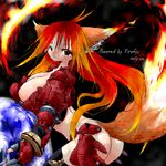  aliasing armor ass bangs breasts earth english fingerless_gloves fire firefox fox_ears fox_tail large_breasts long_hair looking_at_viewer mascots mozilla multicolored_hair nipple_slip nipples orange_hair revealing_clothes solo tail text thighhighs very_long_hair yone88 yonezuka_ryou 