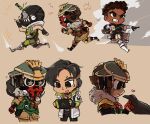  +_+ 1girl 1other 2boys ambiguous_gender apex_legends bangalore_(apex_legends) beige_background bird black_eyes black_gloves black_headwear bloodhound_(apex_legends) brown_eyes cable chibi clenched_hands clenched_teeth cropped_vest crow crypto_(apex_legends) dark_skin dark_skinned_female fingerless_gloves gloves goggles green_sleeves green_vest handheld_game_console heart helmet highres holding holding_grenade holding_handheld_game_console jacket looking_down mask mechanical_legs mouth_mask multiple_boys multiple_views nintendo_switch octane_(apex_legends) open_hand otezo petting running syringe_in_head teeth tongue tongue_out vest white_jacket 