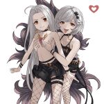  2girls ahoge alter_ego_malevolent_(granblue_fantasy) bangs bare_shoulders black_camisole black_shorts black_skirt blush breasts camisole chest_jewel choker collarbone covering covering_breasts djeeta_(granblue_fantasy) earrings feather_boa fishnet_legwear fishnets forehead granblue_fantasy grey_hair hair_ornament highres iiros jewelry leg_strap long_hair looking_at_viewer lyria_(granblue_fantasy) medium_breasts multiple_girls navel open_mouth parted_bangs red_eyes short_hair shorts skirt small_breasts smile swept_bangs tongue tongue_out topless very_long_hair x_hair_ornament 