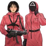  2girls bangs belt black_gloves black_mask closed_mouth commentary english_commentary freckles gloves gun h&amp;k_mp5 highres holding holding_gun holding_weapon index_finger_raised long_sleeves looking_at_viewer mask medium_hair multiple_girls pink_jumpsuit sae-byeok simple_background soldier_(squid_game) sonagee squid_game submachine_gun trigger_discipline weapon white_background 