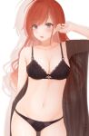  1girl arisugawa_natsuha artist_name bare_shoulders black_bra black_eyes black_panties bra breasts cleavage collarbone eyebrows_visible_through_hair hand_up highres idolmaster idolmaster_shiny_colors long_hair navel open_mouth orange_hair panties see-through shadow simple_background solo tsukiyono underwear 