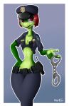  2019 4_fingers absurd_res amphibian anthro belt bottomwear breasts clothing female fingers frog green_body hair hand_on_hip hat headgear headwear hi_res hyperflannel open_mouth pants police_badge police_hat police_uniform red_eyes red_hair short_hair simple_background smile solo uniform utility_belt 