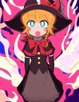  1girl :o bangs black_capelet black_gloves black_shirt black_skirt blue_eyes blush_stickers bow braid bright_pupils capelet commentary_request cookie_(touhou) elbow_gloves eyebrows_visible_through_hair feet_out_of_frame frilled_bow frills gloves hair_bow hat hat_bow kirisame_marisa looking_at_viewer medium_hair meguru_(cookie) open_mouth red_bow shirt single_braid skirt solo tdnbk touhou white_pupils 