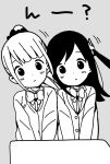  2girls bangs blazer blush bow bowtie buttons closed_mouth collared_shirt commentary_request dot_nose flower grey_background greyscale hair_flower hair_ornament hair_scrunchie head_tilt highres hitori_bocchi hitoribocchi_no_marumaru_seikatsu honshou_aru jacket katsuwo_(cr66g) long_hair long_sleeves looking_at_viewer monochrome motion_lines multiple_girls ponytail school_uniform scrunchie shirt side_ponytail simple_background upper_body 