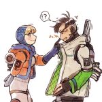  ! !? 1boy 1girl ? apex_legends black_gloves black_hair blonde_hair bodysuit breasts closed_eyes crypto_(apex_legends) from_side gloves green_sleeves grey_jacket hood hood_up husagin jacket medium_breasts open_mouth orange_jacket partially_fingerless_gloves poking_nose smile speech_bubble spoken_exclamation_mark spoken_question_mark wattson_(apex_legends) wavy_mouth white_bodysuit 