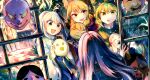  4girls bangs blue_eyes bracer cape cross-laced_clothes dress earmuffs fox_mask green_dress green_eyes green_hair hat hata_no_kokoro highres itsumizu japanese_clothes kariginu long_sleeves mask medium_hair mononobe_no_futo multiple_girls new_mask_of_hope noh_mask open_mouth orange_hair pink_hair plaid plaid_shirt pointy_hair pom_pom_(clothes) ponytail shirt silver_hair soga_no_tojiko tate_eboshi touhou toyosatomimi_no_miko wide_sleeves yellow_eyes 