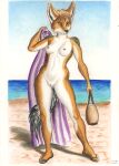  bag beach breasts canid canine canis casual_nudity female genitals hi_res jackal looking_away mammal nipples nude plantigrade pussy sand sea seaside sky solo standing syntech towel traditional_media_(artwork) water 