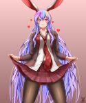  1girl absurdres alternate_costume animal_ears bangs blazer blouse blush breasts bunny_ears buttons cleavage collared_blouse crescent crescent_pin english_commentary eyebrows_visible_through_hair heart heart-shaped_pupils highres jacket light_purple_hair long_hair long_sleeves looking_at_viewer necktie open_clothes pantyhose purple_hair red_eyes red_neckwear reisen_udongein_inaba renzibun simple_background skirt skirt_lift smile solo symbol-shaped_pupils touhou wet white_blouse 
