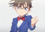  1boy arm_at_side bangs black-framed_eyewear blazer blurry bow bowtie brown_hair child closed_mouth collared_shirt commentary_request depth_of_field edogawa_conan fingernails glasses grey_background jacket k_(gear_labo) looking_at_viewer male_focus meitantei_conan outstretched_hand puzzle_piece reaching_out red_bow red_neckwear shirt short_hair simple_background smile solo upper_body white_shirt wind 