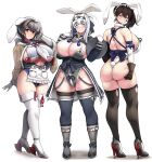  3girls animal_ears ass breasts bunny_ears bunny_tail commentary curvy hand_on_own_ass hand_on_own_head high_heels highres huge_breasts jingei_(kancolle) kaga_(kancolle) kamoi_(kancolle) konoshige_(ryuun) multiple_girls playboy_bunny simple_background skindentation tail thighhighs tray underboob white_background 