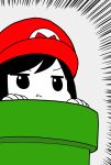  1girl :t bangs closed_mouth commentary_request cosplay emphasis_lines grey_background hat highres hitori_bocchi hitoribocchi_no_marumaru_seikatsu jitome katsuwo_(cr66g) looking_to_the_side mario mario_(cosplay) mario_(series) partially_colored pout red_headwear simple_background solo warp_pipe 